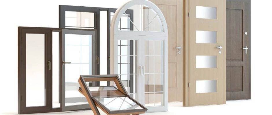 Windows and doors 3d illustration, white background